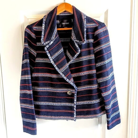 Karen Kane Red White Blue Metallic Fringed Cotton Blazer Jacket - Picture 1 of 8
